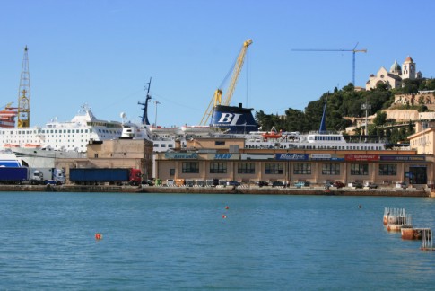 Walking down from the main railway station, the ferry port veers into view with the Ancona sheltering behind the passenger terminal.