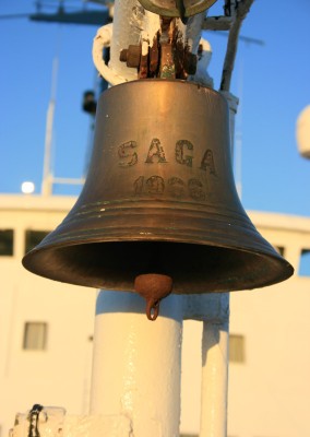 The ship's bell bears the inscription 'Saga, 1966';. The year of build is correct, but this ship was originally the Svea - the Saga was her sister, although the Svea did later bear the name so the provenance of the bell is uncertain.