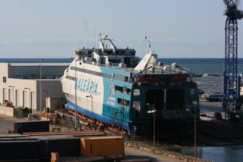 The Nixe, back from charter to Armas in the Canaries, on the slipway at the new Denia shipyard.