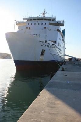 The Isla de Botofoc (ex-St Anselm, Stena Cambria) on her berth prior to an evening departure for Ibiza and Palma.