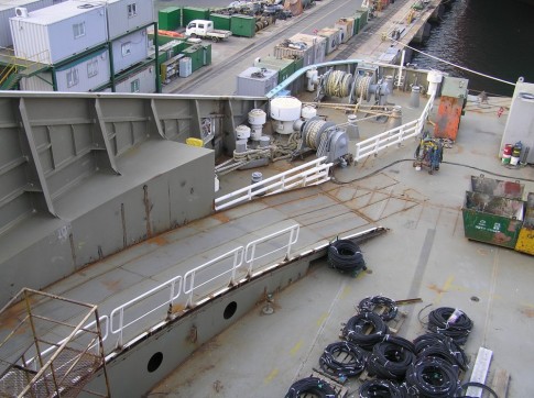 Looking down at the stern with another view of the ramp to the upper car deck. 