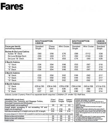 Fares for the 1971 season: the cheapest mini cruise was £29 per person between Southampton and Lisbon in one of the C Deck 4 berth cabins; the most expensive £75 in one of the B Deck suites. Standard singles and returns were more expensive. Passage was also offerred between Lisbon and Tangier only.