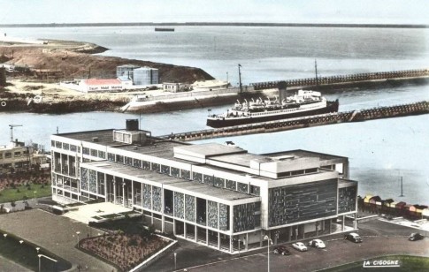 The Canterbury arriving at Boulogne stern-first late in her career.  In the foreground is the post-war Casino, designed by Marcel Bonhomme and opened in 1960, which replaced the structure damaged by fire in 1937 and left in ruins after the war. This is now the location of NausicaÃ¤, the French National Centre for the Sea, opened in 1991. 