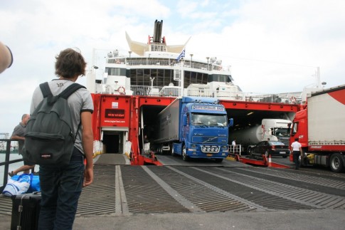 A quick turnaround at Ancona: foot passengers, freight and cars load and unload simultaneously.