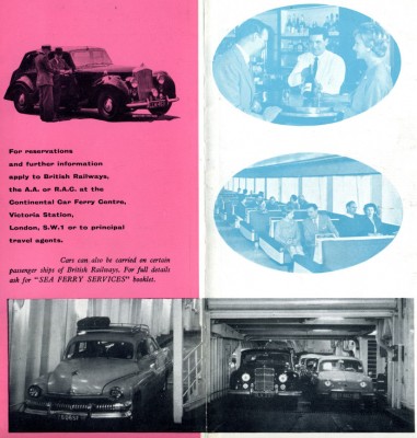 A British Railways brochure featuring the Compiegne's modern passenger saloons which seem to present a severe contrast to the illustrated motor vehicles . The ship's vehicle deck can also be seen with its fixed ramps and space for cars only on two levels at the forward end. 
