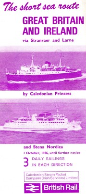 The Antrim Princess joined the Caledonian Princess and chartered Stena Nordica at Stranraer - in the end the new ship replaced the former vessel, with the 'Nordica' remaining on charter for a further three and a half years. The two existing vessels are shown here in a 1966 brochure.