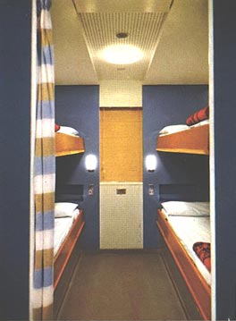 The bulk of the ship's cabin accommodation comprised Pullman-style rooms without facilities, which could be converted to night (above) or day (below) use.