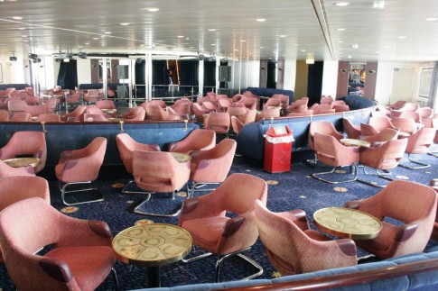 Again the mid-life DFDS refit failed to do justice to this tricky space which has always somewhat suffered from a lack of headroom. It is seen here on the Pont Lâ€™AbbÃ©, unchanged from her later Duke of Scandinavia days.