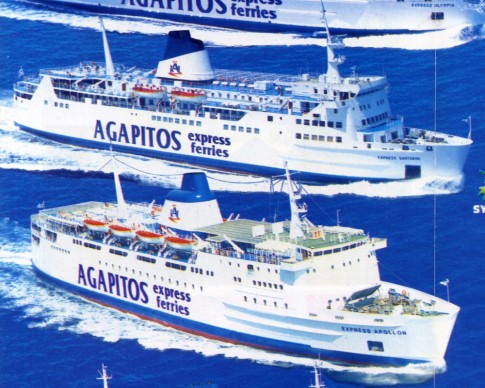 The Chartres followed the Senlac to Greece in 1993 and, three years later, the pair were reunited in the fleet of Agapitos Express after the demise of the Senlac's initial Greek owners Ventouris Sea Lines. Together they formed a formidable partnership on the Piraeus-Paros-Santorini chain - as advertised here in the 1999 Agapitos Express brochure.