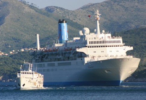 The Postira arriving at Dubrovnik, with the Thomson Spirit beyond.