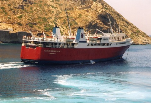 The Panagia Hozoviotissa, seen here leaving Sifnos in 2005 in A K Ventouris colours, was sold by final operators NEL Lines for demolition in Turkey in May. Locally built in 1977, she spent all of her career in Greek waters except for an unexpected mid-life break in the Balearics where, as the Isla de Ibiza, she became one of Balearia's first ships. 