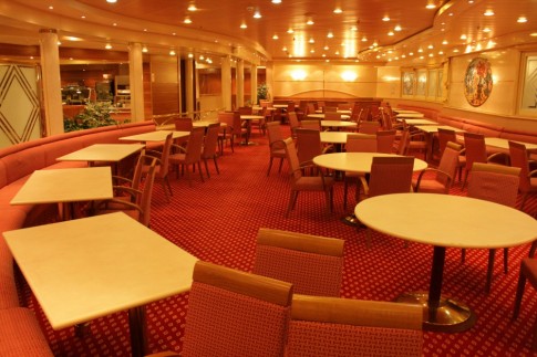 'Spaghetti' seating area, looking aft with the main self service to the left. 