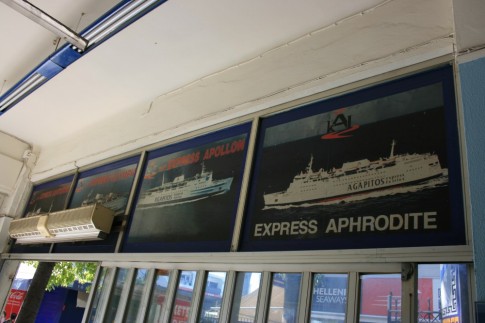 The Poseidon Express agency in the central ticket block have in recent years proven a reliable source of sailing information and trusted booking agents. They also score highly with this montage of former Agapitos Express and, in previous lives, Sealink ships; Agapitos Express was absorbed by Hellas Ferries (later to become Hellenic Seaways) in 1999. 
