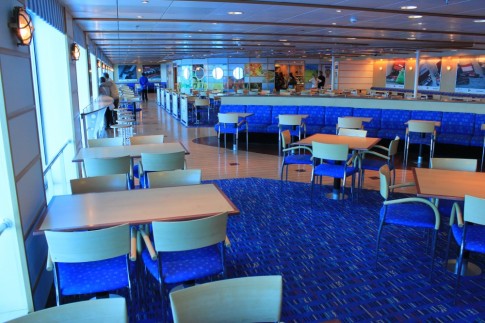 On the port side, just forward of the aft bar, is the self service restaurant, seen here on the Moby Aki.