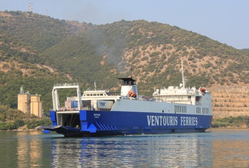 The Seatrade, arriving from Bari in the morning, reverses onto her berth in Igoumenitsa.