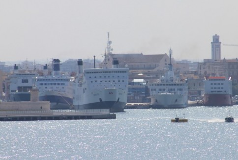 Finally the great port of Bari is in sight; we are headed for the modern terminal used by the Greek ferries and cruise ships but on the berth at the older terminal are vessels on routes to Albania, Croatia and Montenegro. From left to right: Bari (ex-St Anselm), Riviera Adriatica (ex-Daedalus), Ionian Sky, Ankara and Sveti Stefan (ex-Cornouailles).