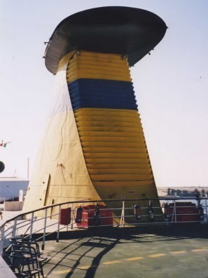 Our ship's funnel, still with the shamrock, painted over but clearly visible from her ICL days.