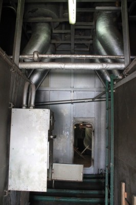 The cathedral-like innards of the ship's giant funnel.