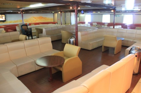 The forward lounge on Deck 5. For many years in Greek service this retained most of the decor of its 1980s incarnation as the Venice Simplon Orient Express lounge, but was refitted during a refit in the mid-2000s.