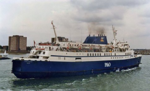 The Viking Viscount and Viking Voyager transferred to the western channel in 1986 and the 'Viscount' is seen here arriving at Portsmouth in P&O grey in July 1988. She is still showing her original port of Registry, Dover; this would change to Portsmouth when the ship was renamed Pride of Winchester in 1989.