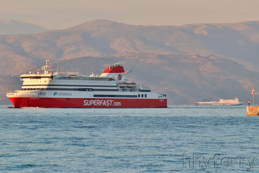 Superfast XI at Corfu in July with Grimaldi Lines' Igoumenitsa passing in the background.