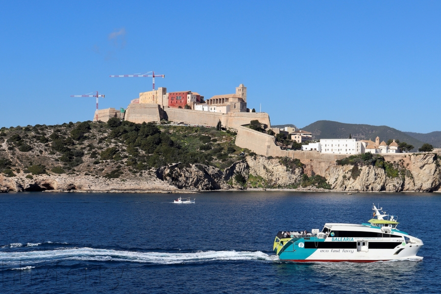 The Ibiza-Formentera fast ferry Eco Aqua arriving at Ibiza.