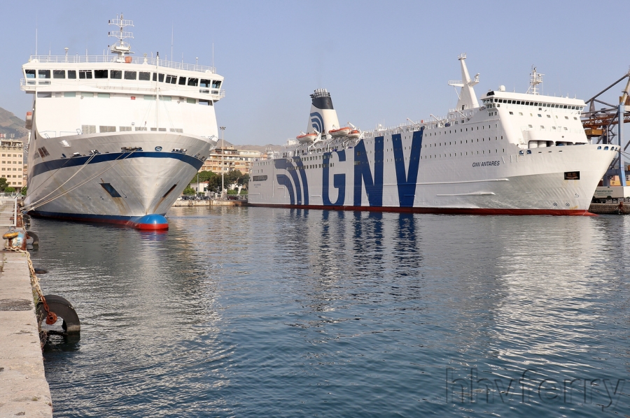 Tirrenia's Raffaele Rubattino and the GNV Antares (ex-Norsun, Pride of Bruges) together at Palermo.