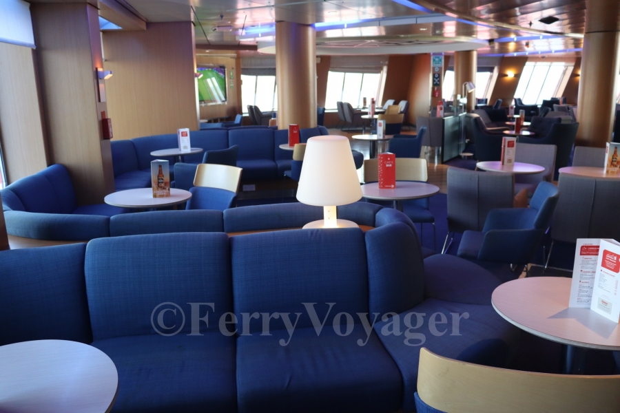 The original principal bar lounge forward on Deck 7; this became the premium Stena Plus lounge on the Irish Sea but is now once again the main public lounge aboard.